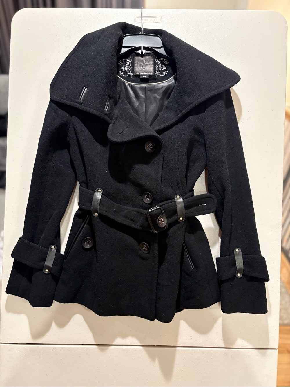Mackage Black Wool Peacoat Asymmetrical Belted Leather Trim Coat Size P/S